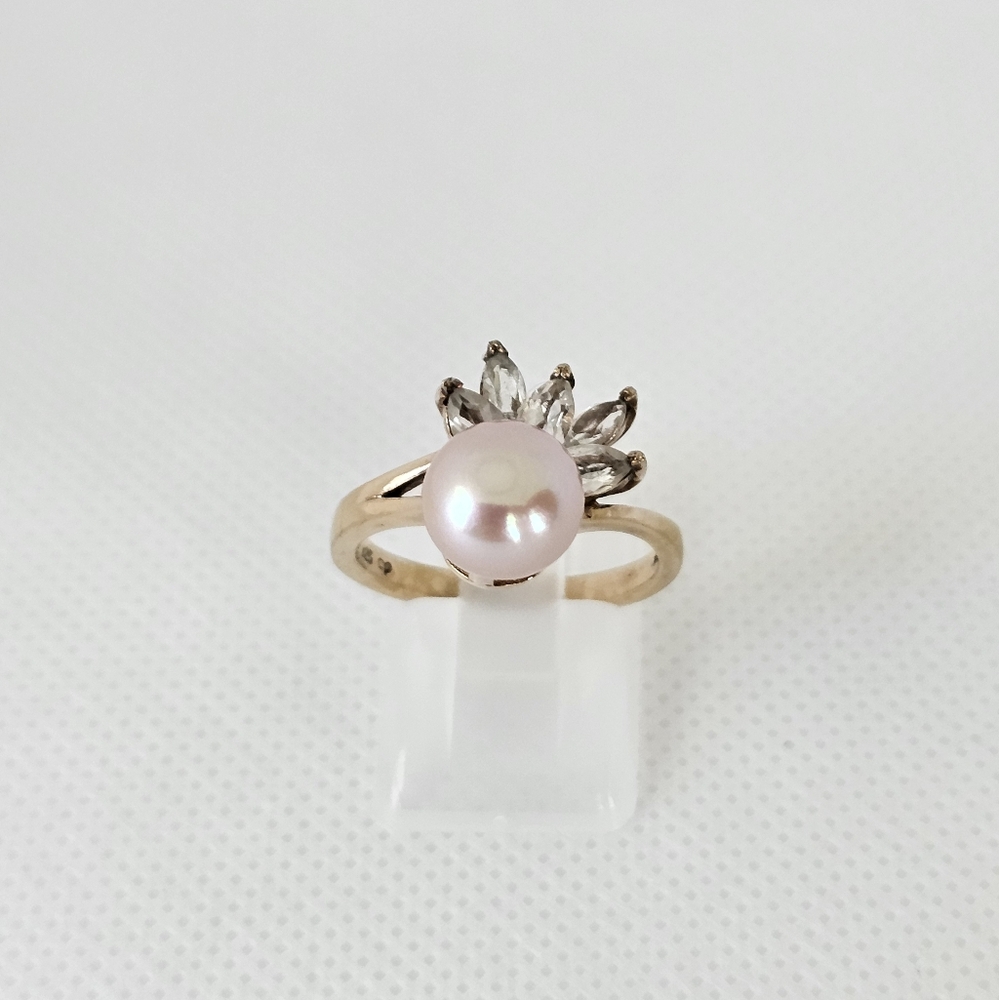 Beautiful Cultured Pearl & Zircon Ring Sterling Silver & 18K Rose Gold Sz 8!
